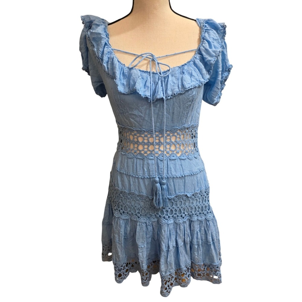 Free People Heartbreaker Mini Dress Blue Lace Swiss Dot Boho OB947947 Size 10